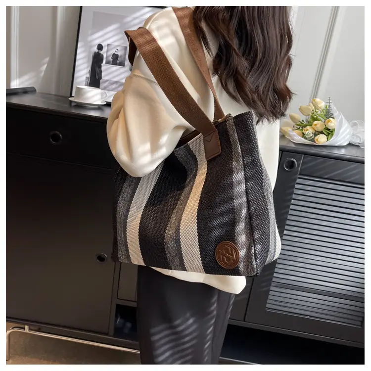 Women Canvas Striped Shoulder Tote Bag Large Capacity - Image 7