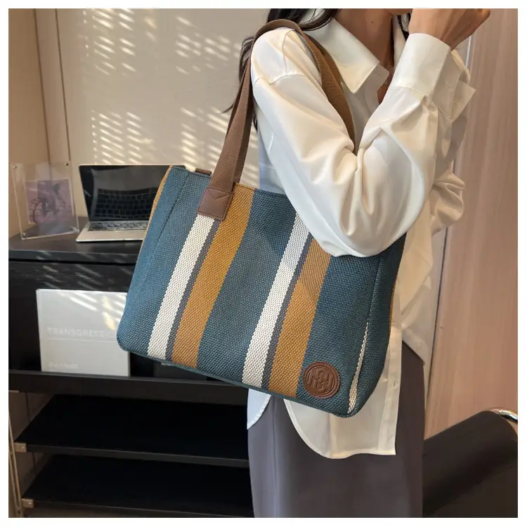 Women Canvas Striped Shoulder Tote Bag Large Capacity — feature 11