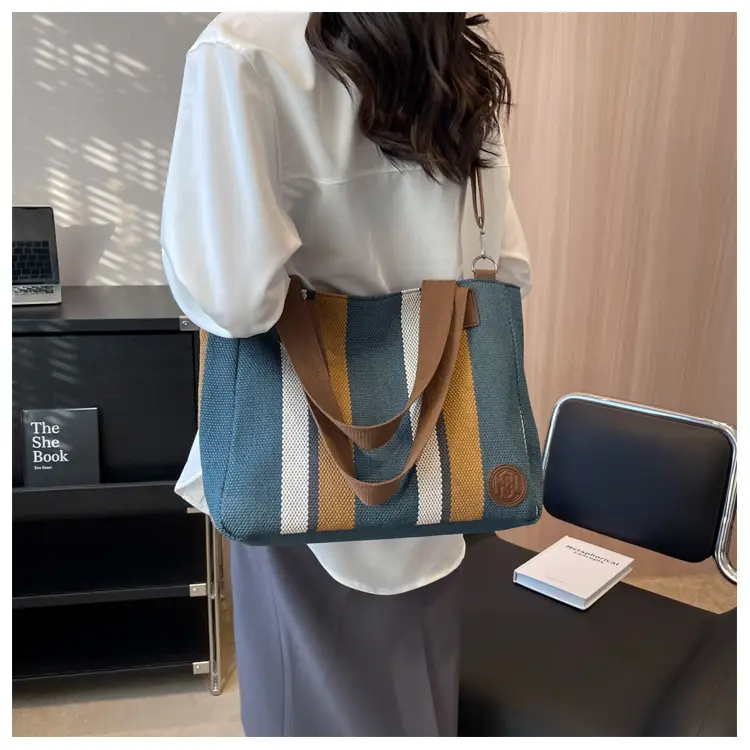 Women Canvas Striped Shoulder Tote Bag Large Capacity — feature 12