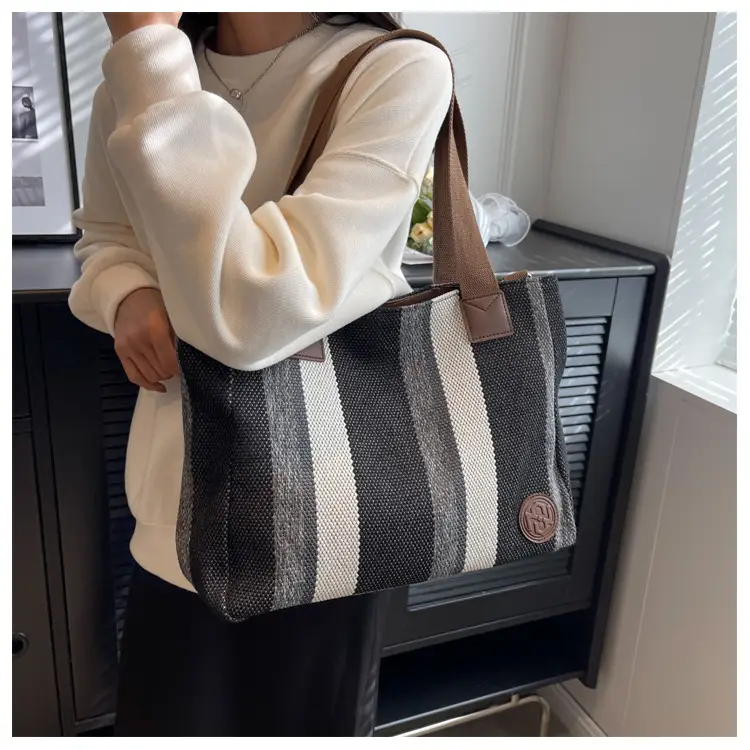 Women Canvas Striped Shoulder Tote Bag Large Capacity — feature 15