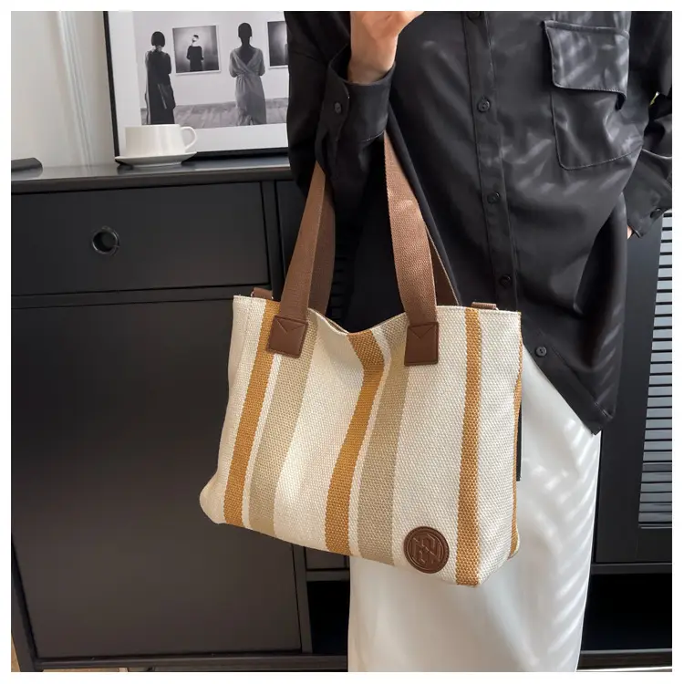 Women Canvas Striped Shoulder Tote Bag Large Capacity — feature 16
