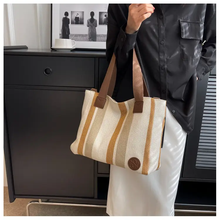 Women Canvas Striped Shoulder Tote Bag Large Capacity — feature 17