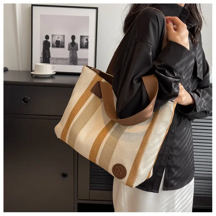 Women Canvas Striped Shoulder Tote Bag Large Capacity — feature 18