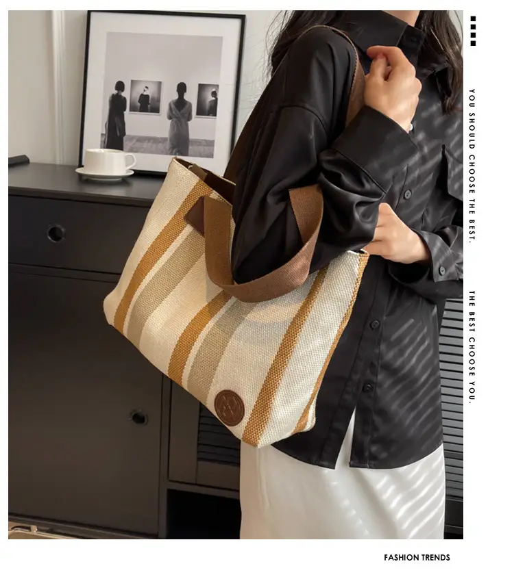 Women Canvas Striped Shoulder Tote Bag Large Capacity — feature 5