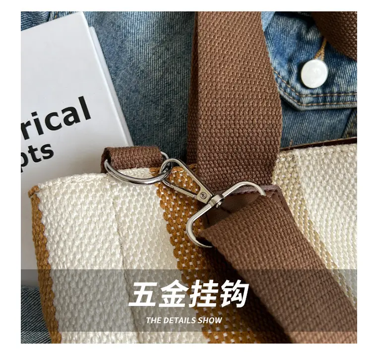 Women Canvas Striped Shoulder Tote Bag Large Capacity — feature 7