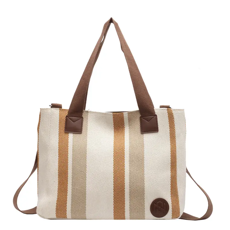 Women Canvas Striped Shoulder Tote Bag Large Capacity - Image 2