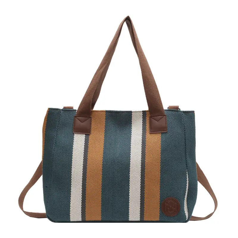Women Canvas Striped Shoulder Tote Bag Large Capacity - Image 3