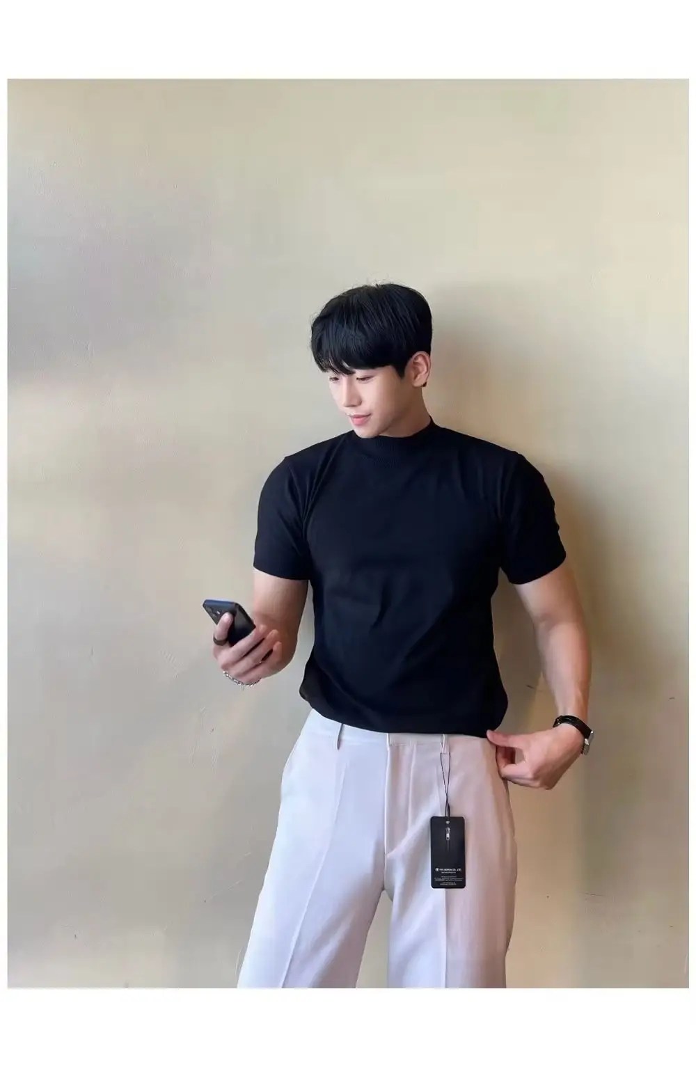 Men's White Knitted Half-High Collar T-Shirt — feature 8