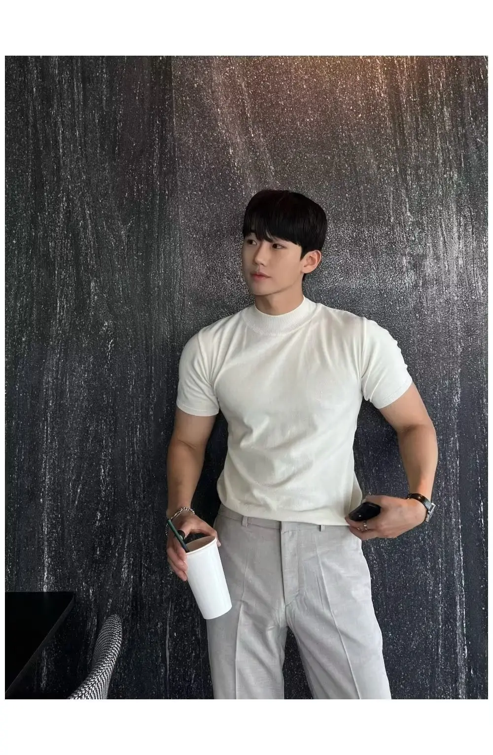 Men's White Knitted Half-High Collar T-Shirt — feature 9