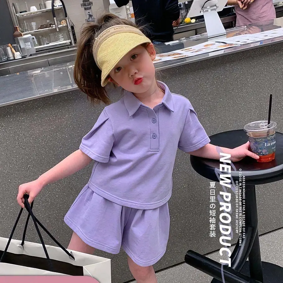 Girls Purple Polo Collar Shorts Set for Summer - Image 3
