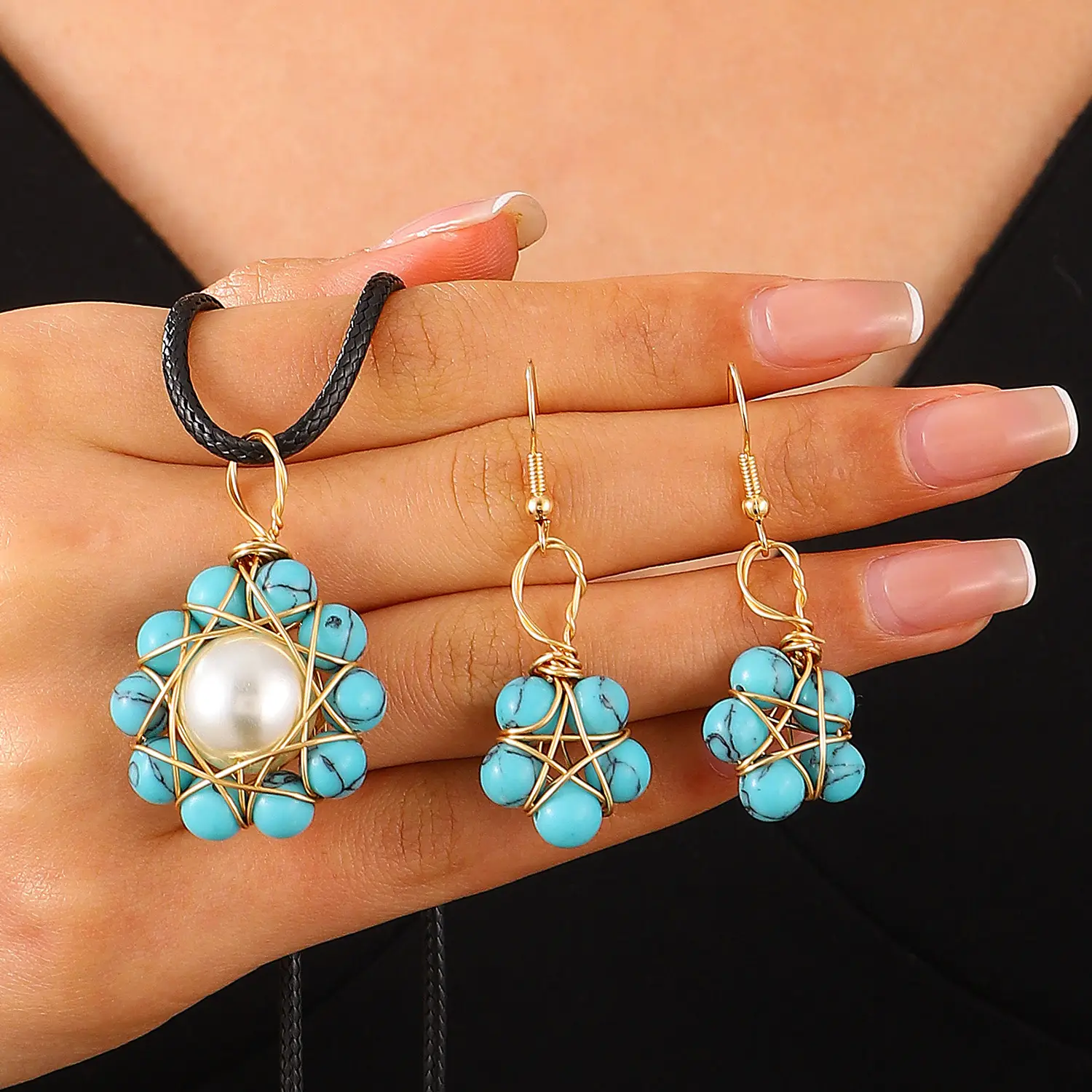 Blue Crystal Pearl Flower Earrings Necklace Set for Women - Image 3