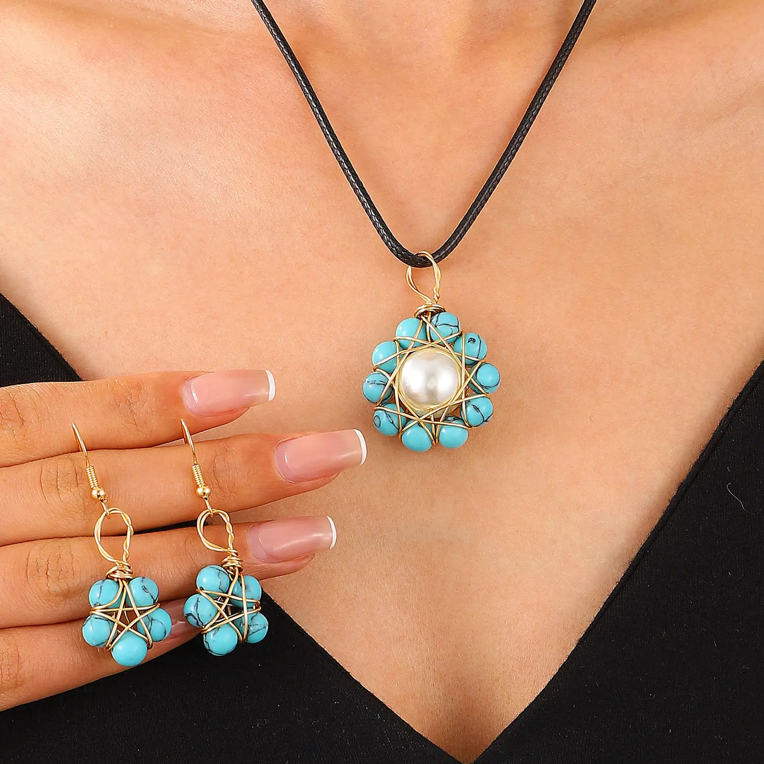 Blue Crystal Pearl Flower Earrings Necklace Set for Women - Image 4