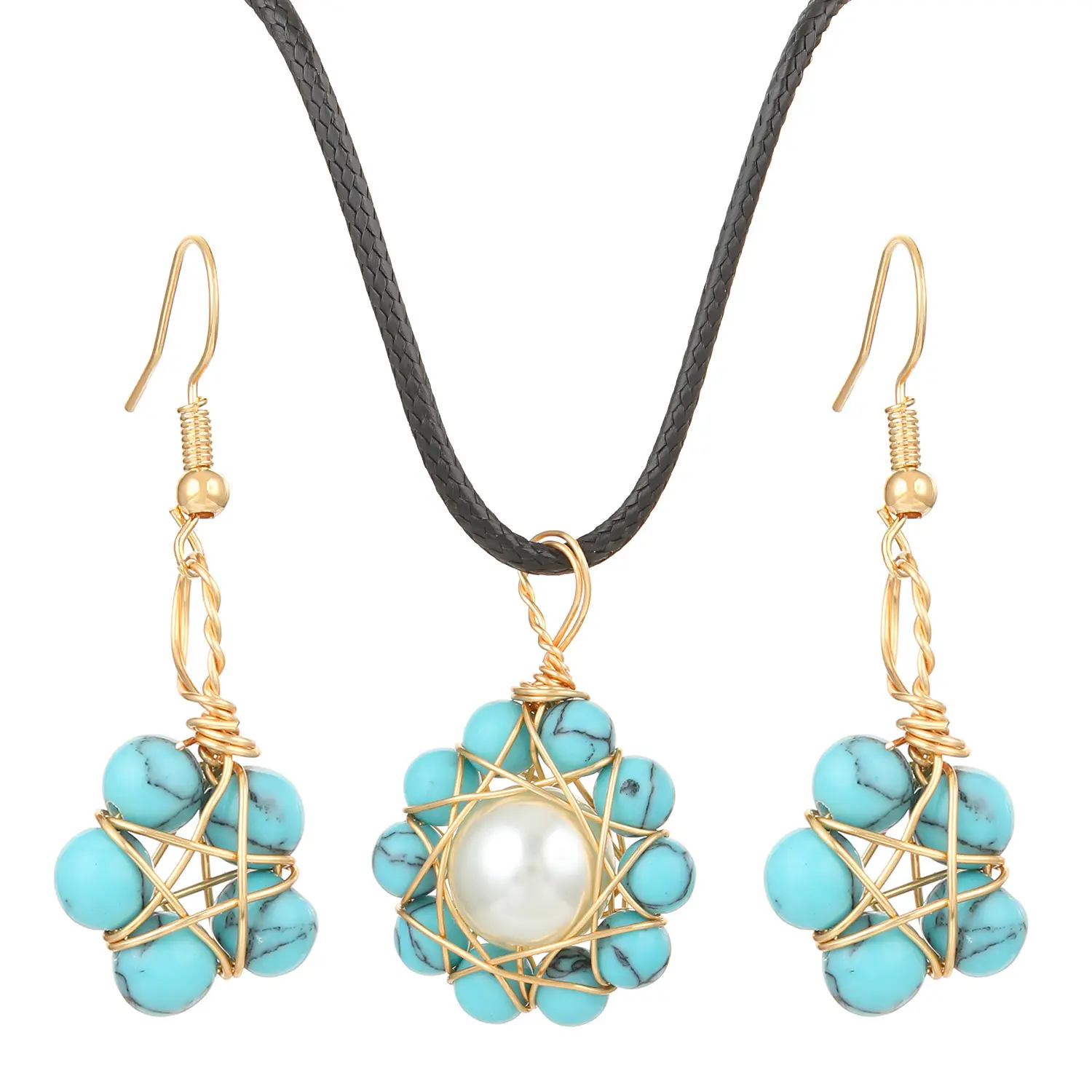 Blue Crystal Pearl Flower Earrings Necklace Set for Women - Image 6