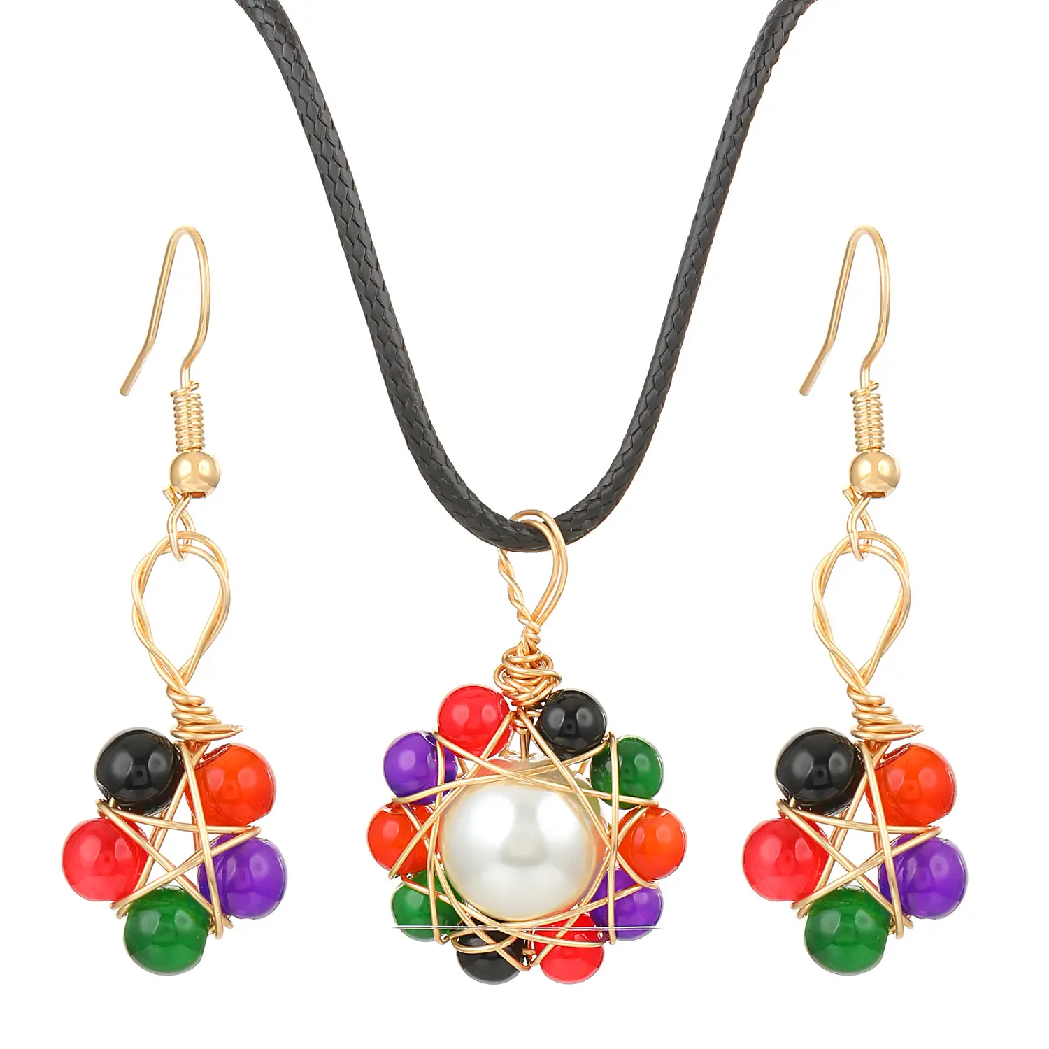 Blue Crystal Pearl Flower Earrings Necklace Set for Women
