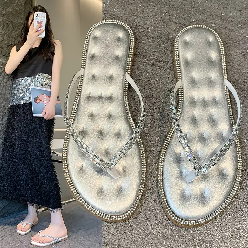 K-style Fashionable Flats-soled Flip-flops for Women's Outer Wear 2023 Summer Fairy Style Rhinestone Large Size Beach Flip-flops — feature 5