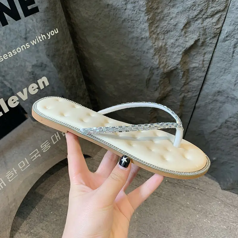 K-style Fashionable Flats-soled Flip-flops for Women's Outer Wear 2023 Summer Fairy Style Rhinestone Large Size Beach Flip-flops — feature 7