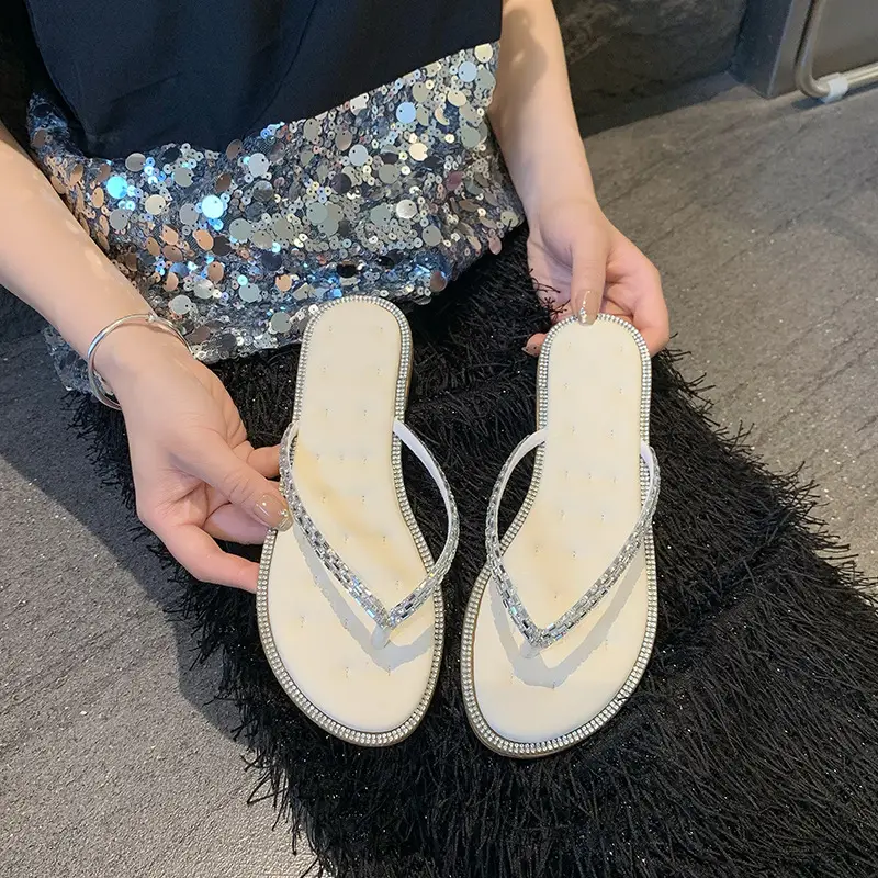 K-style Fashionable Flats-soled Flip-flops for Women's Outer Wear 2023 Summer Fairy Style Rhinestone Large Size Beach Flip-flops — feature 8