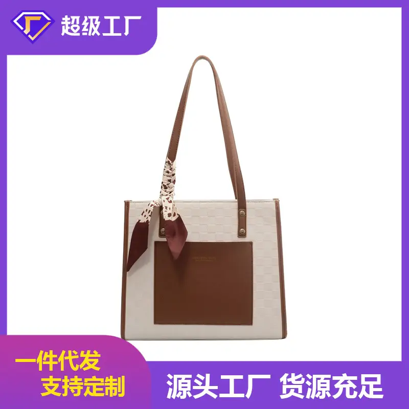 Women's Black Checkered Shoulder Tote Bag with Silk Bow - Image 4