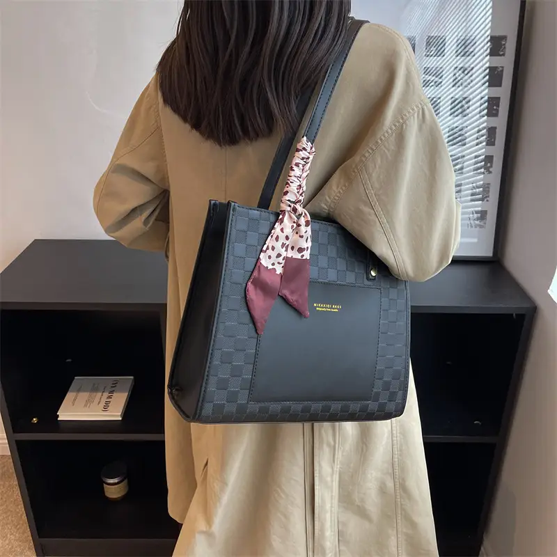 Women's Black Checkered Shoulder Tote Bag with Silk Bow - Image 6