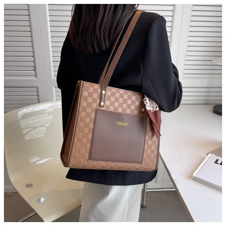 Women's Black Checkered Shoulder Tote Bag with Silk Bow — feature 10