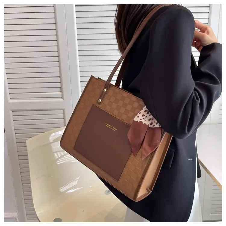 Women's Black Checkered Shoulder Tote Bag with Silk Bow — feature 11