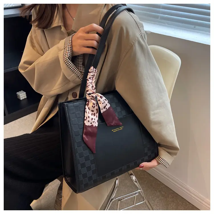 Women's Black Checkered Shoulder Tote Bag with Silk Bow — feature 14