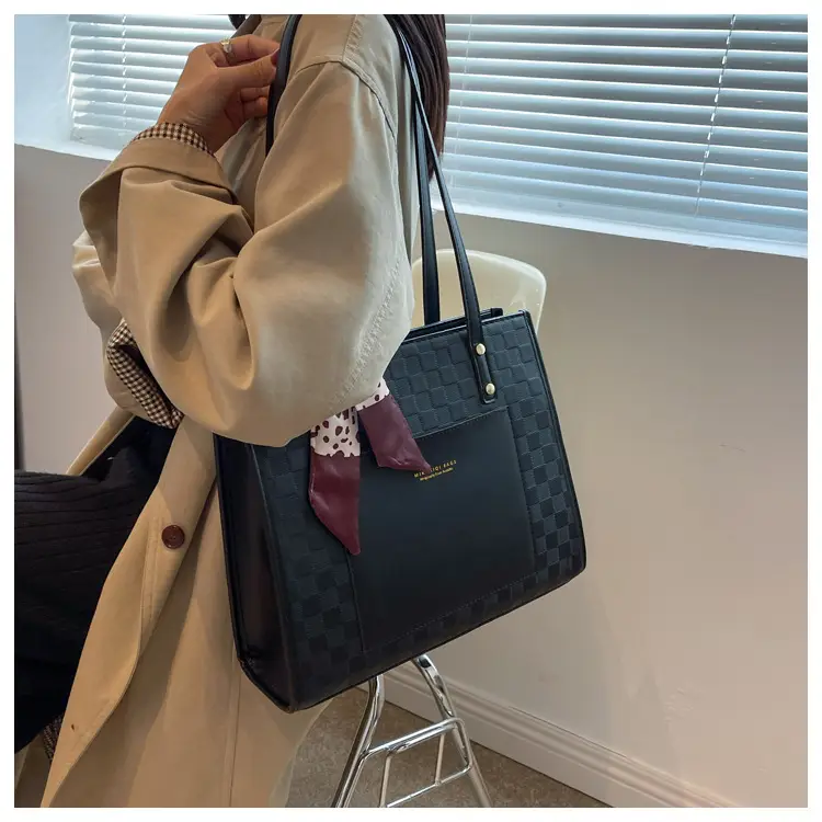 Women's Black Checkered Shoulder Tote Bag with Silk Bow — feature 15
