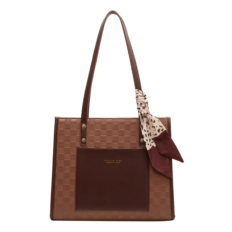 Women's Black Checkered Shoulder Tote Bag with Silk Bow - Image 2