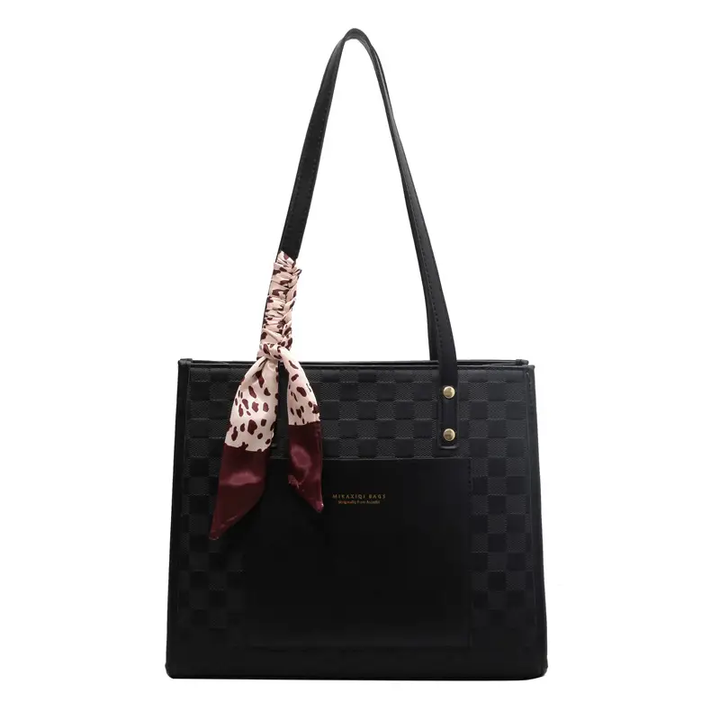 Women's Black Checkered Shoulder Tote Bag with Silk Bow - Image 3