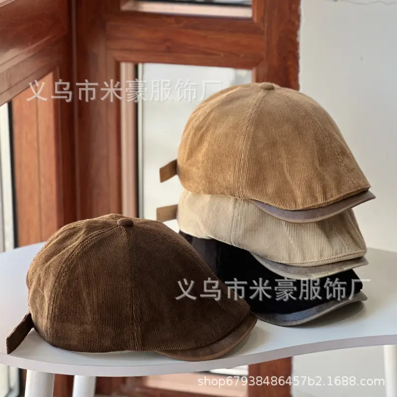 Women's Black Corduroy Beret Cap Autumn Winter