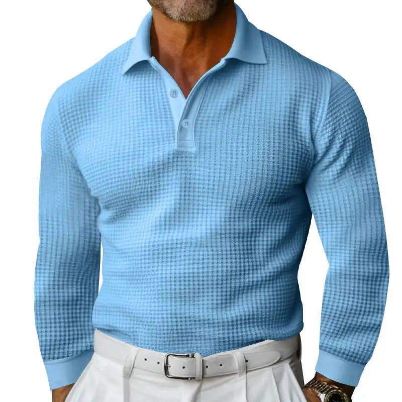 Men White Waffle Polo Shirt Slim Fit Long Sleeve
