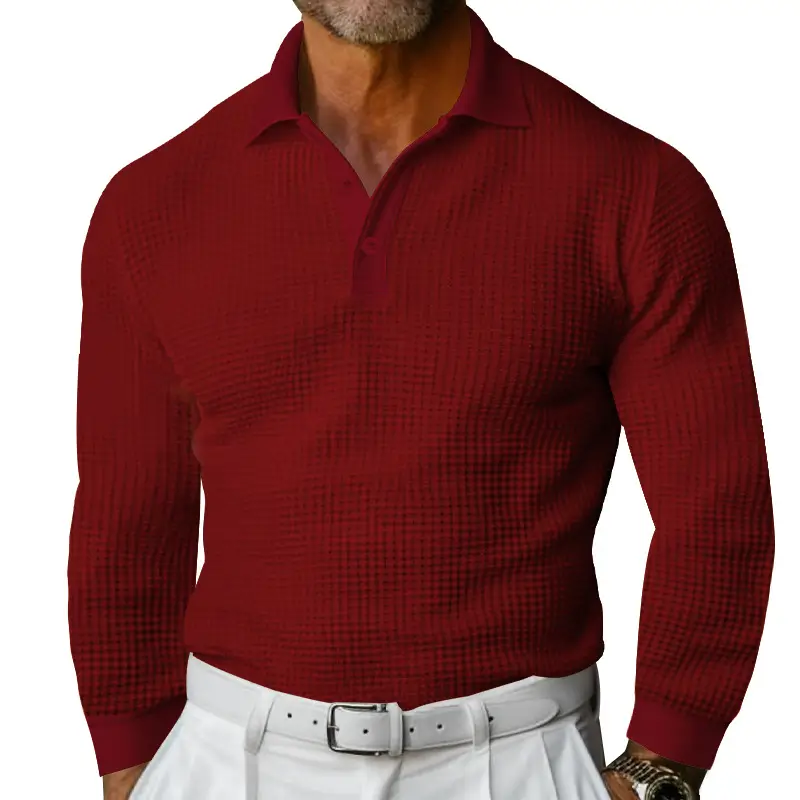 Men White Waffle Polo Shirt Slim Fit Long Sleeve