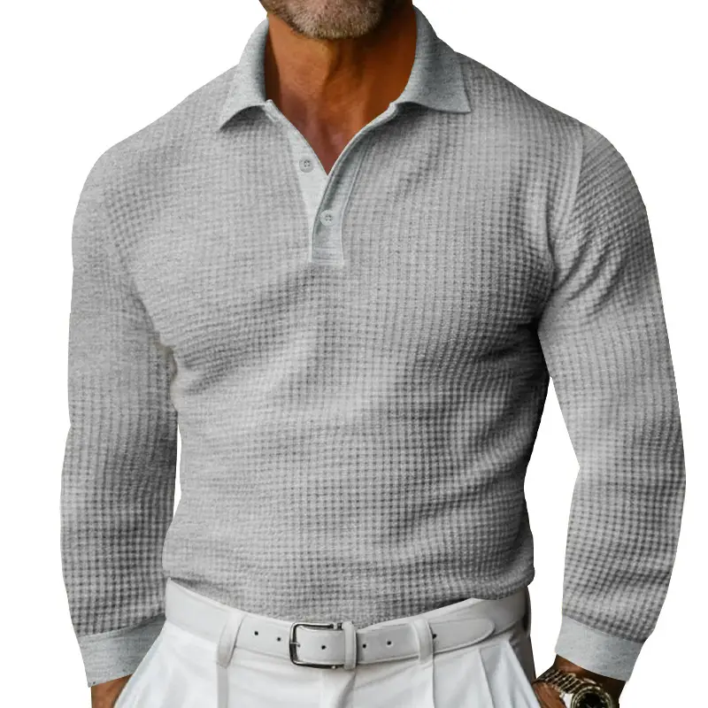 Men White Waffle Polo Shirt Slim Fit Long Sleeve