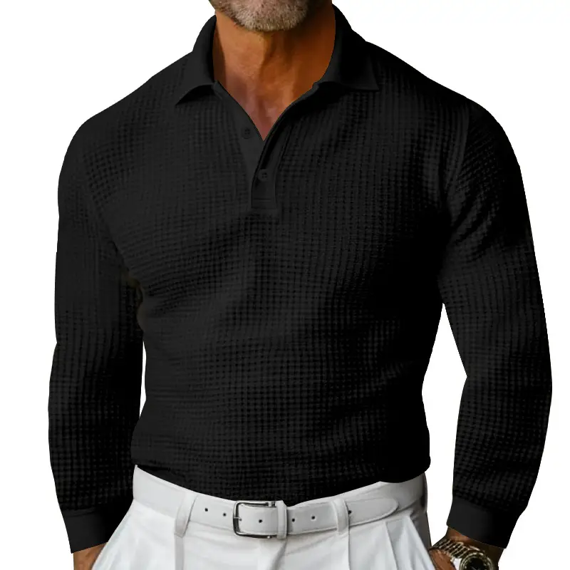 Men White Waffle Polo Shirt Slim Fit Long Sleeve — feature 11