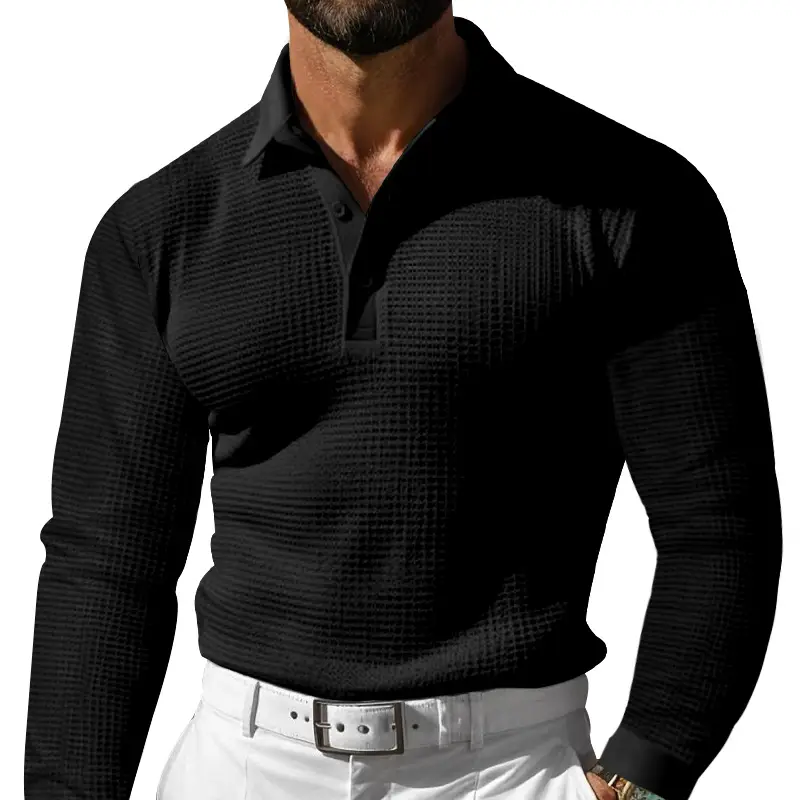 Men White Waffle Polo Shirt Slim Fit Long Sleeve