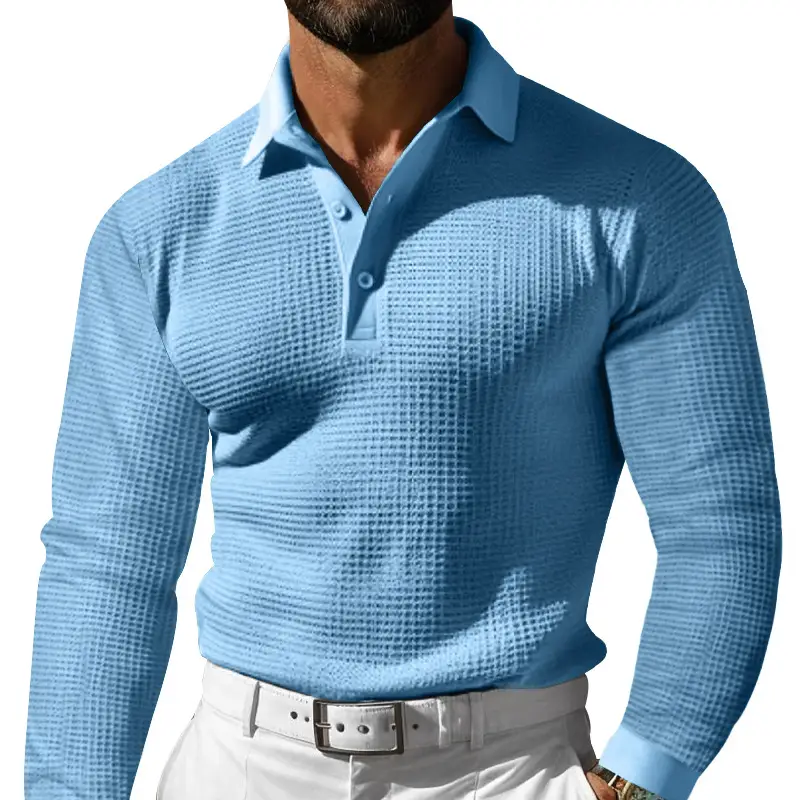 Men White Waffle Polo Shirt Slim Fit Long Sleeve