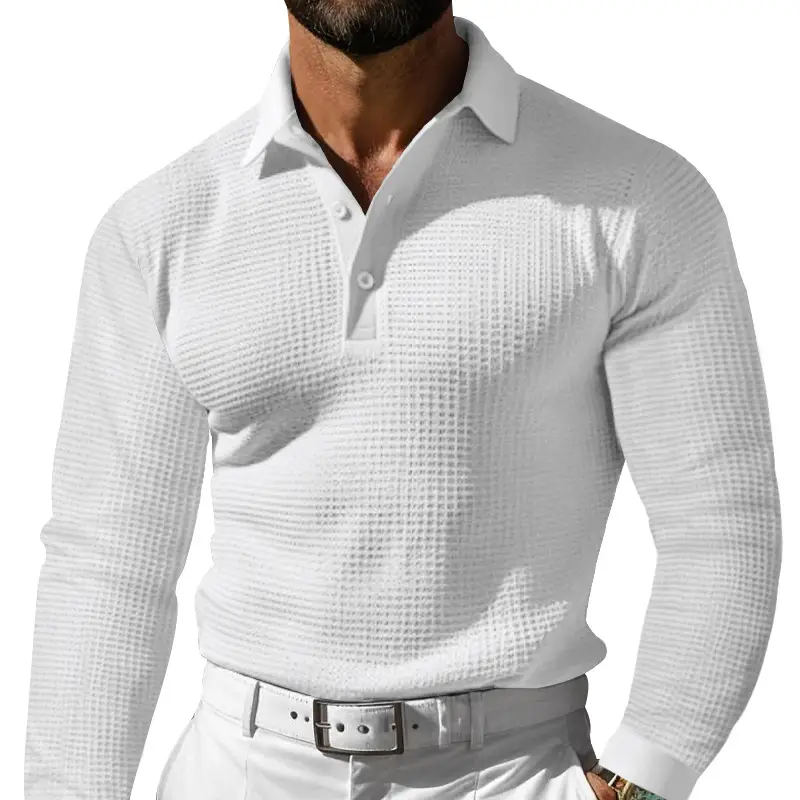 Men White Waffle Polo Shirt Slim Fit Long Sleeve