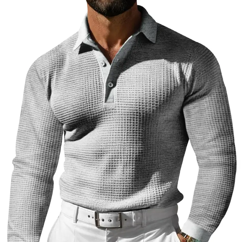 Men White Waffle Polo Shirt Slim Fit Long Sleeve