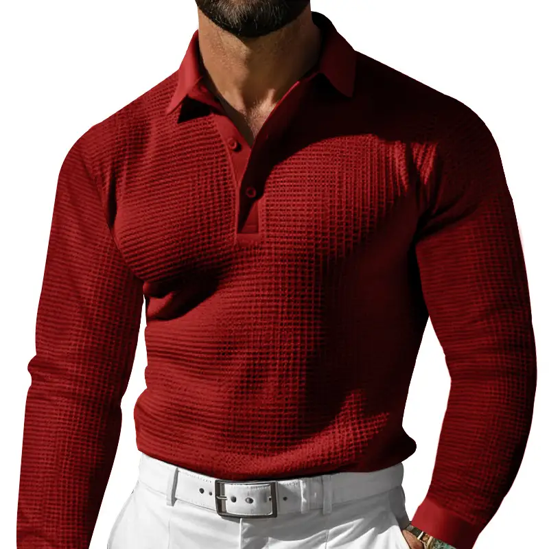 Men White Waffle Polo Shirt Slim Fit Long Sleeve