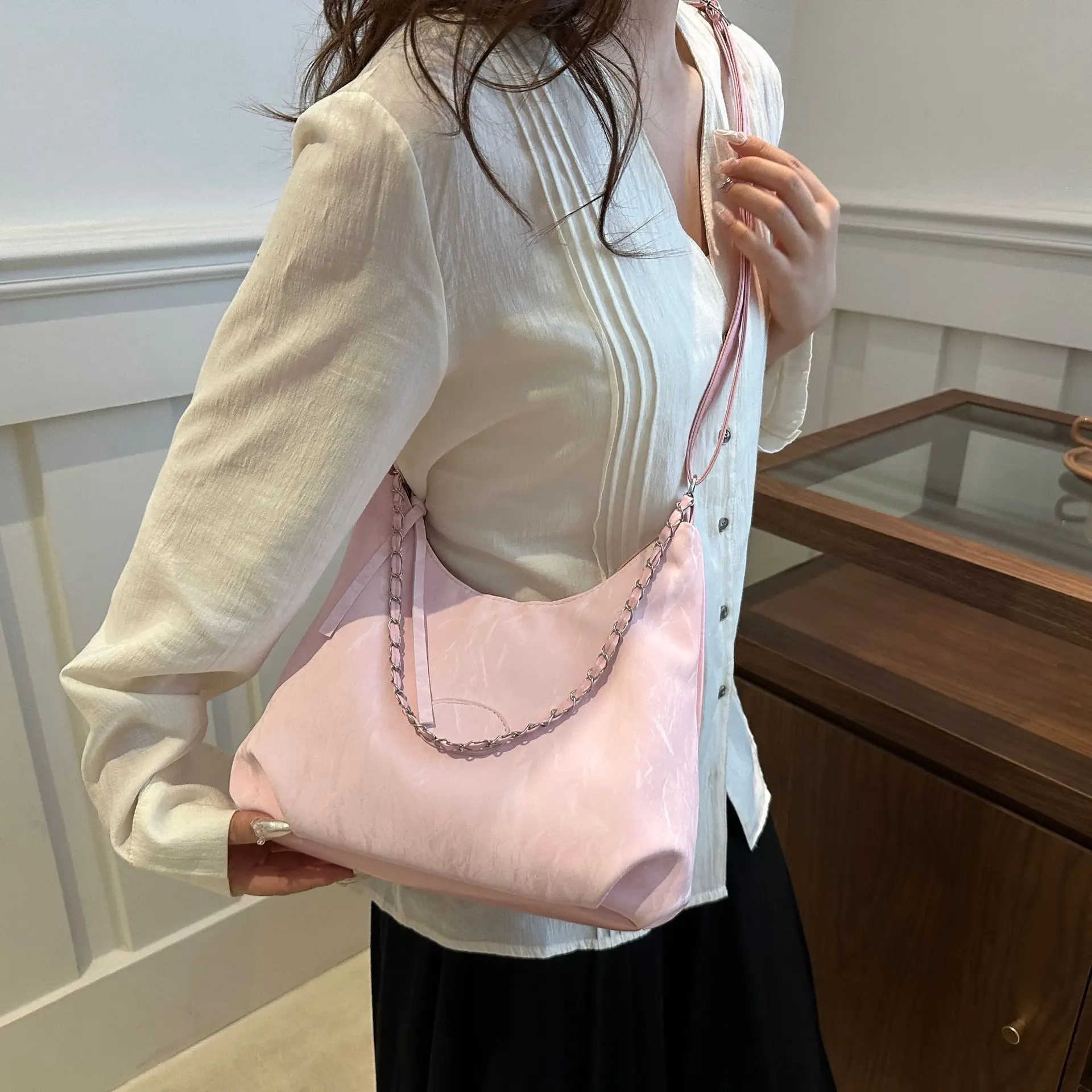 Women's Light Green Pleated Shoulder Bag with Cute Charm - Image 15