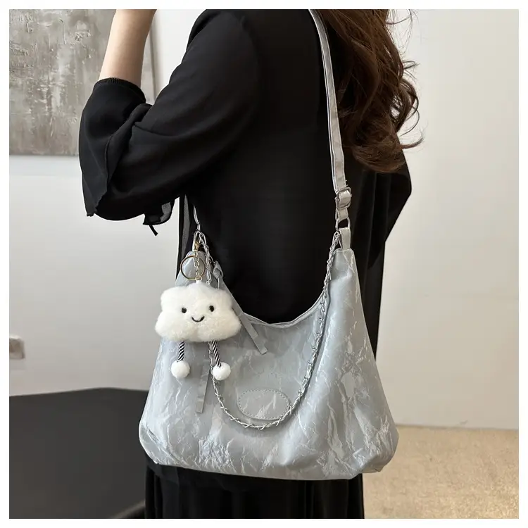 Women's Light Green Pleated Shoulder Bag with Cute Charm — feature 11
