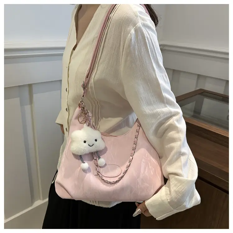 Women's Light Green Pleated Shoulder Bag with Cute Charm — feature 13