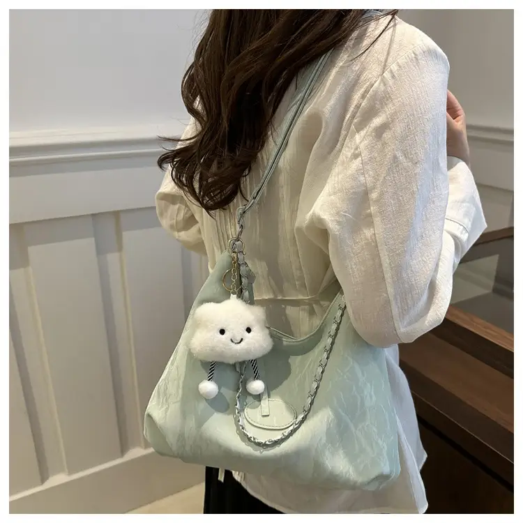 Women's Light Green Pleated Shoulder Bag with Cute Charm — feature 15