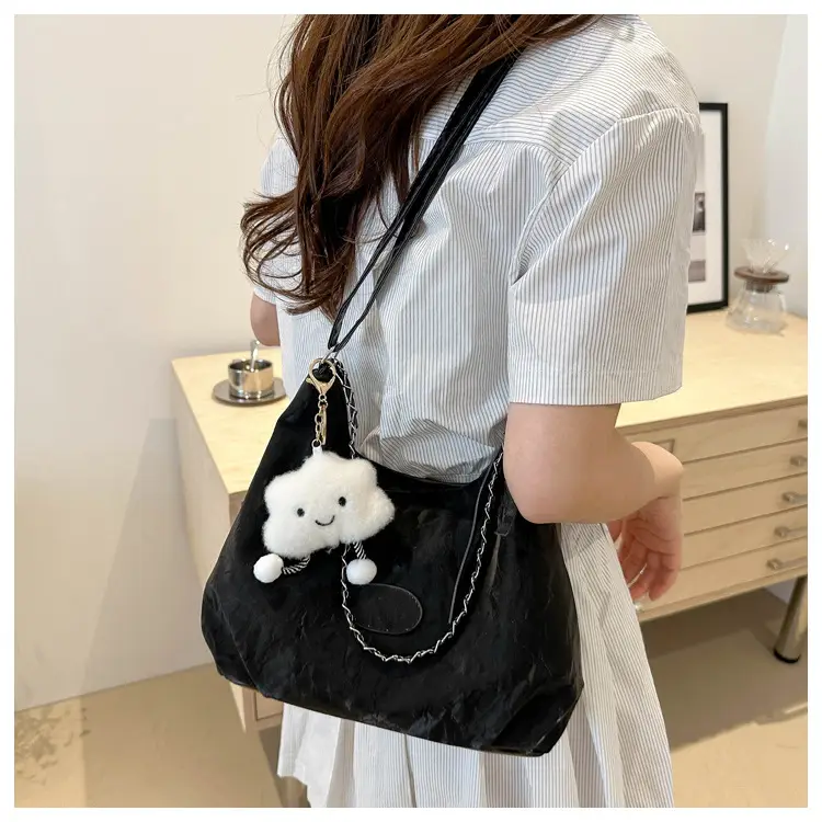 Women's Light Green Pleated Shoulder Bag with Cute Charm — feature 20