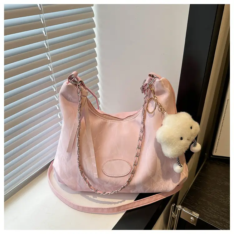 Women's Light Green Pleated Shoulder Bag with Cute Charm — feature 21
