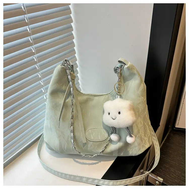 Women's Light Green Pleated Shoulder Bag with Cute Charm — feature 22