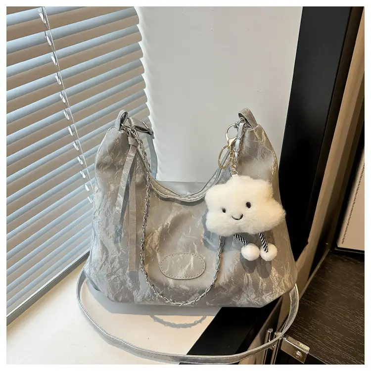 Women's Light Green Pleated Shoulder Bag with Cute Charm — feature 26