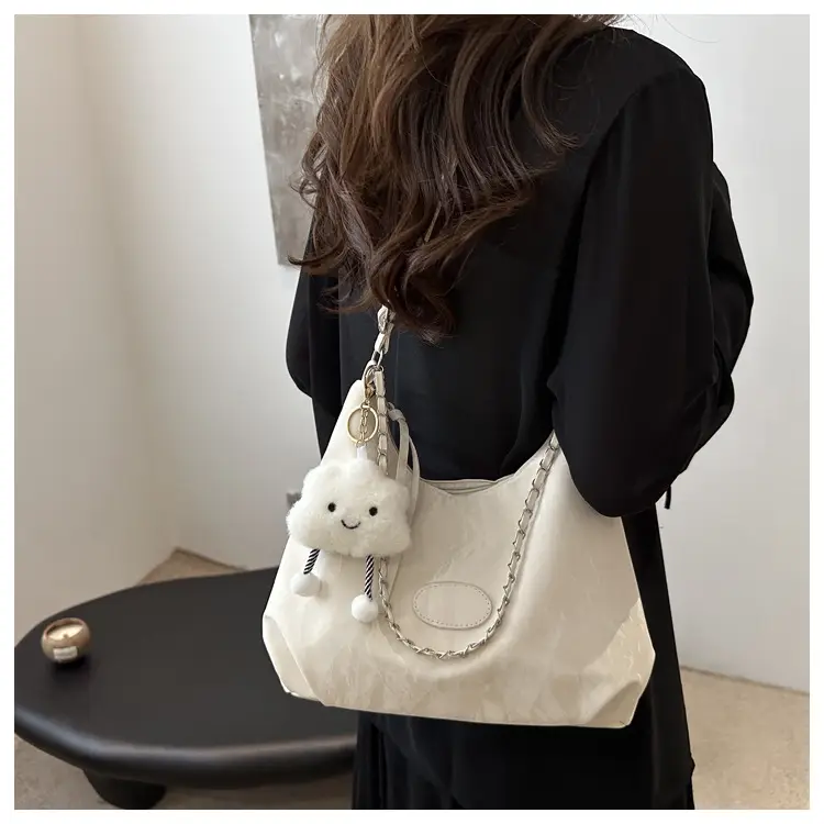 Women's Light Green Pleated Shoulder Bag with Cute Charm — feature 9