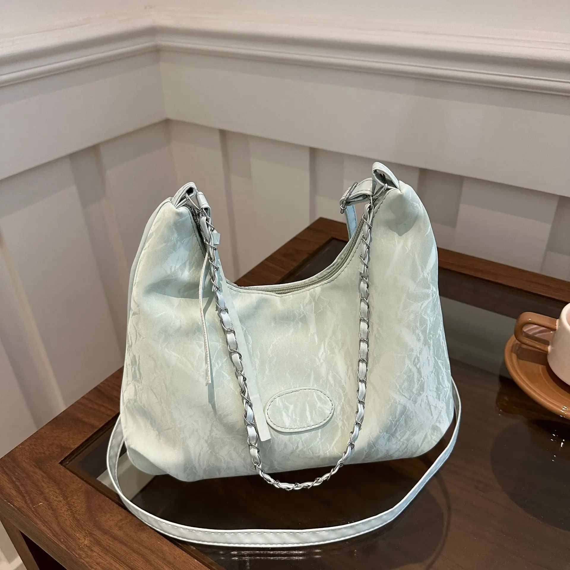 Women's Light Green Pleated Shoulder Bag with Cute Charm - Image 10