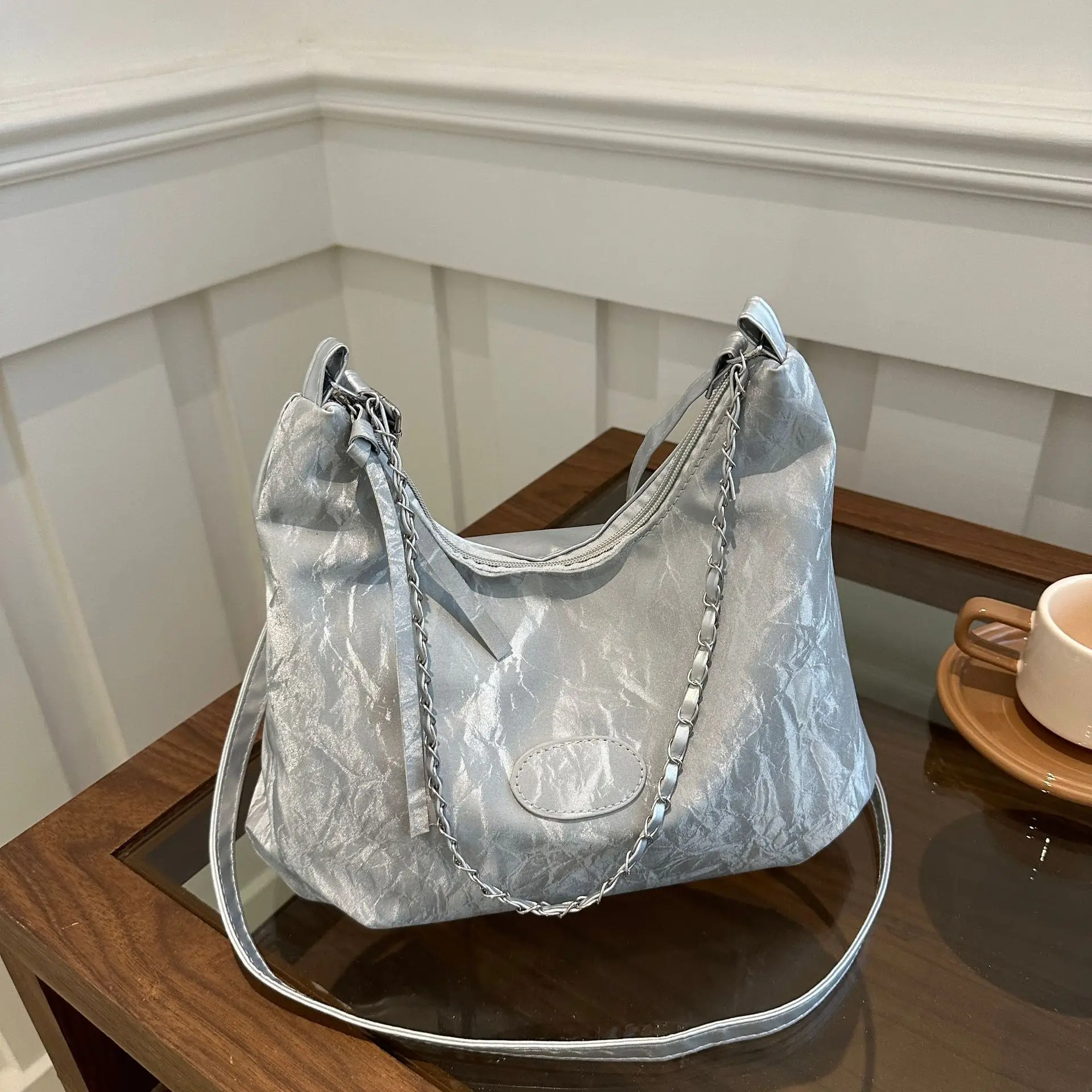 Women's Light Green Pleated Shoulder Bag with Cute Charm - Image 12